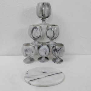 Set of 6 Vintage Natural Agate Marble Onyx 4" Wine Goblets Glasses W/Cheese Tray